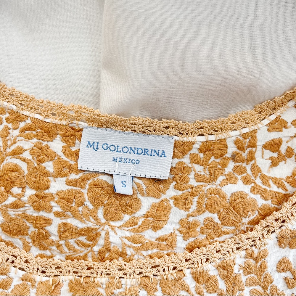 Mi Golondrina Flores Blouse Embroidered White Gold Beige Women’s Small - Picture 5 of 6